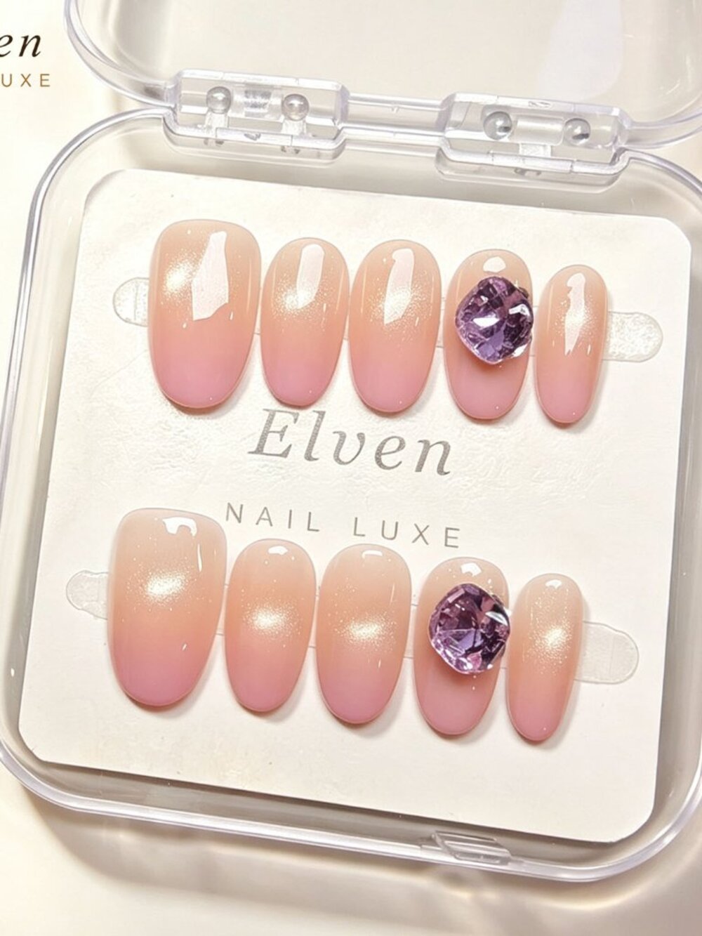 Nude Pink Cat Eye Gradient Short Round Press On Nails & Purple Heart Rhinestone